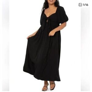 Eloquii Black Maxi Dress with Puff Sleeves and Front Tie